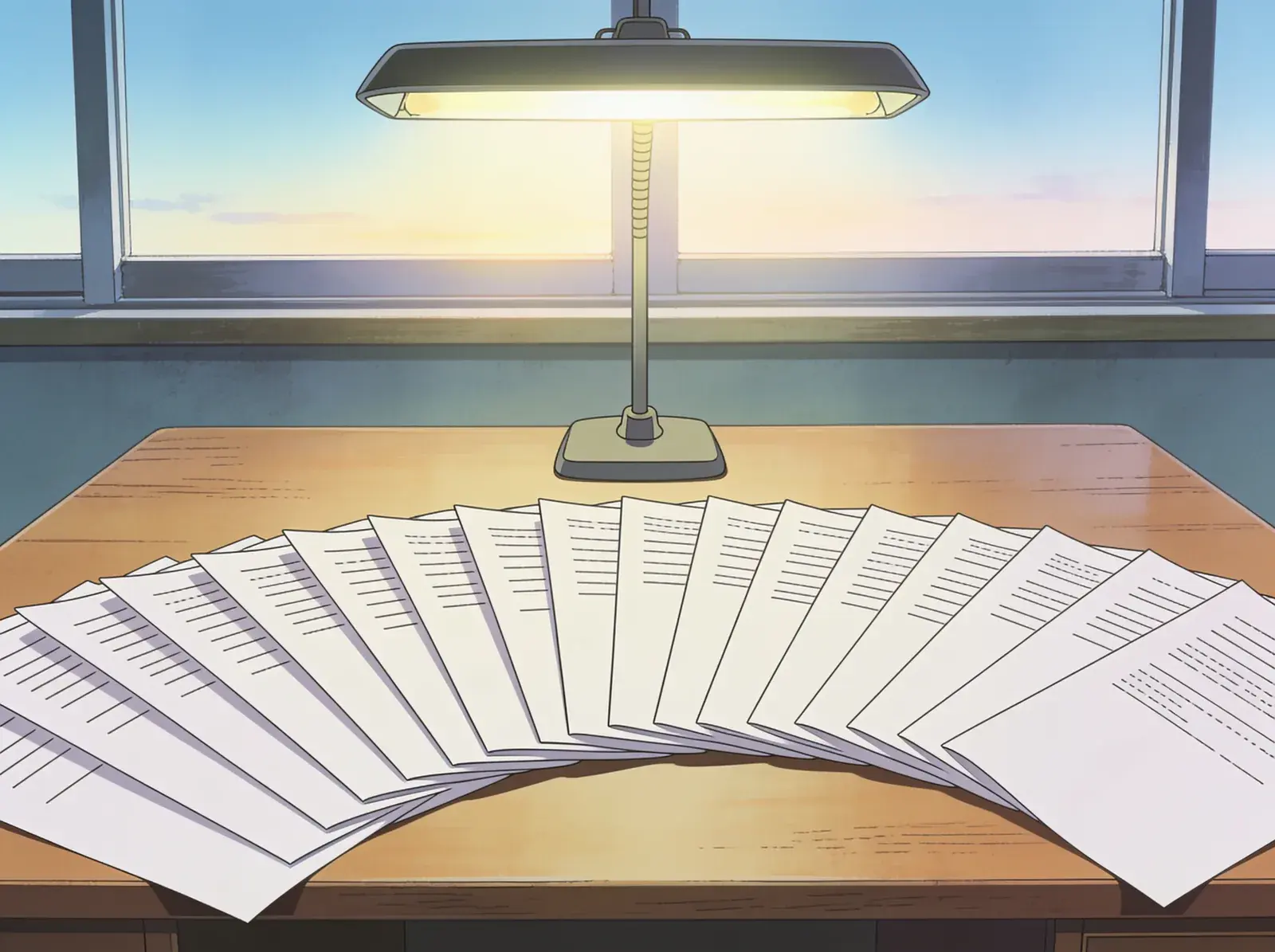 A wide desk at dawn under one lamp, printed pages fanned out across it