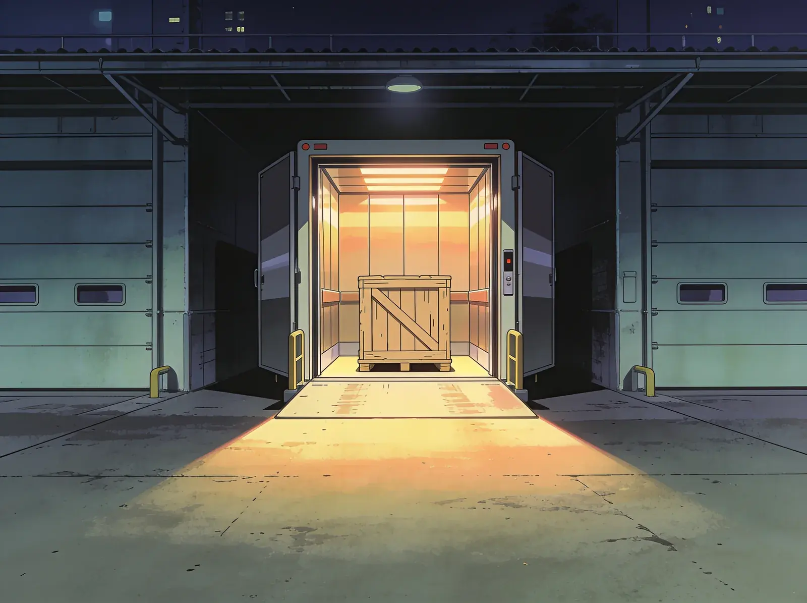 A freight elevator standing open at night in an office loading bay, one crate inside